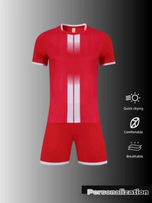 2pcs Red Soccer Jersey Set With White Stripes | Custom Football Uniforms For Professional Clubs| Bespoke Logos, Sponsor Patches & Player Numbers | Durable & Sweat - Wicking | Elevate Team Image In Matches & Championships, Halloween, Thanksgiving, Christmas And New Year Gifts