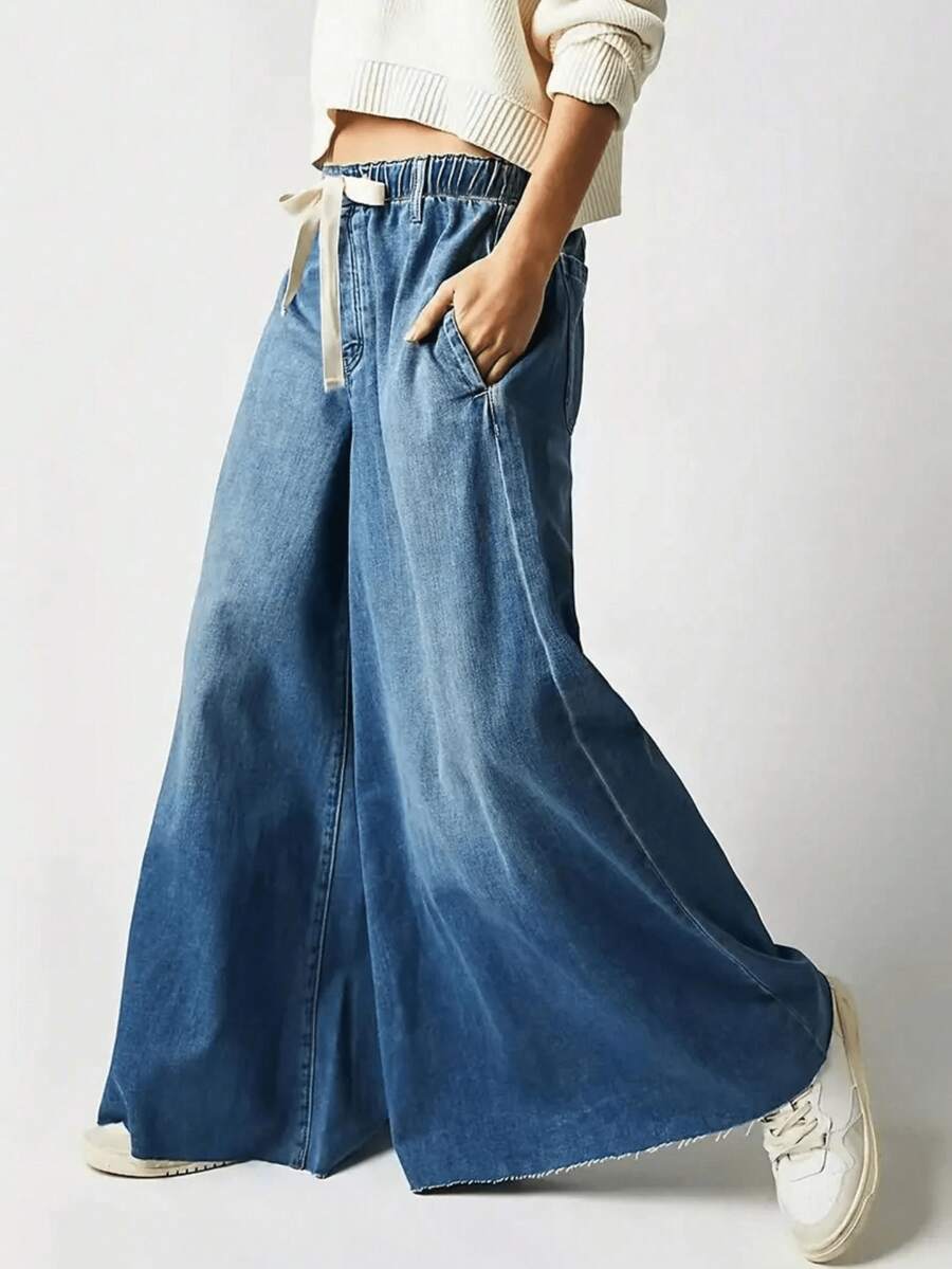 Women's Vintage Drawstring Elastic Waist Wide Leg Baggy Jeans For Home, Office & Daily - 中等水洗藍 - 查看 1