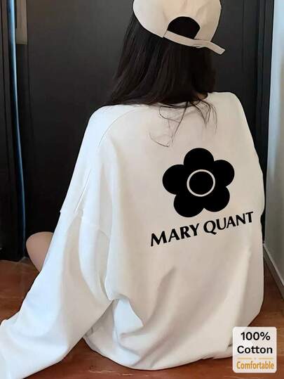 Women's Cotton Long Sleeve T-Shirt, Floral Print, Loose Fit Mid-Length Top, Stylish White Undershirt