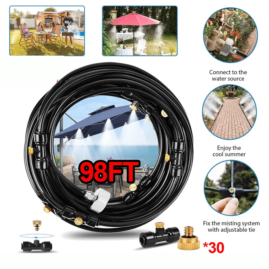Misting Cooling System 98ft (30m) Misting Line + 30 Brass Mist Nozzles,Water Mister For Outside Patio Cooling, Kids Pets Water Playing, For Patio, Garden, Greenhouse, Pasture, Fan, Canopy, Pool Porch - Black - View 1