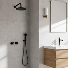 Juego de manerales para regadera tipo cruceta con chapetón negro mate doble comando de zinc resistente moderno fácil de instalar ideal para baño estilo elegante