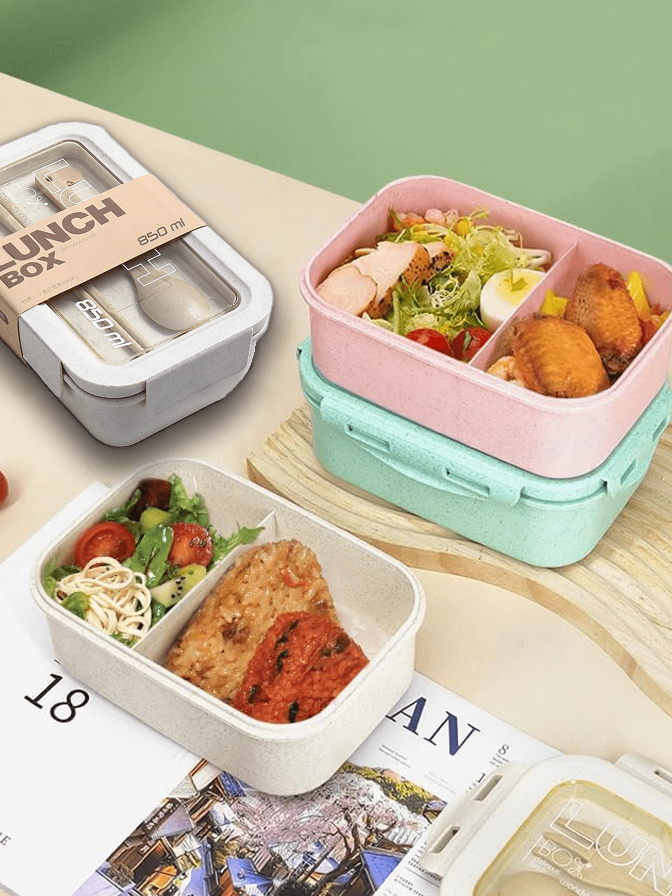 1 件套成人便当盒，带 2 个隔层，日式午餐盒套装（含勺子和筷子），小麦秸秆餐盒，微波炉安全午餐盒产品，开学季 - 彩色 - 查看 1