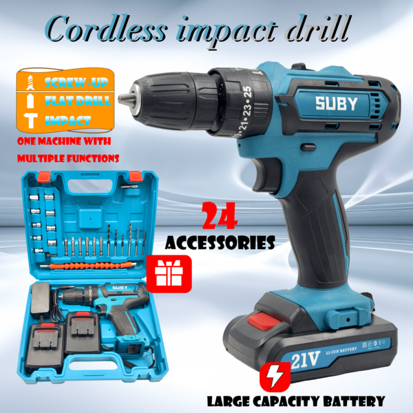 SUBY 1 Set SUBY Cordless Impact Drill, 100-240V Charger, With 2 Pcs 21V Batteries And 24 Accessories, Suitable For Home Renovation, Hole Drilling, Screw Driving