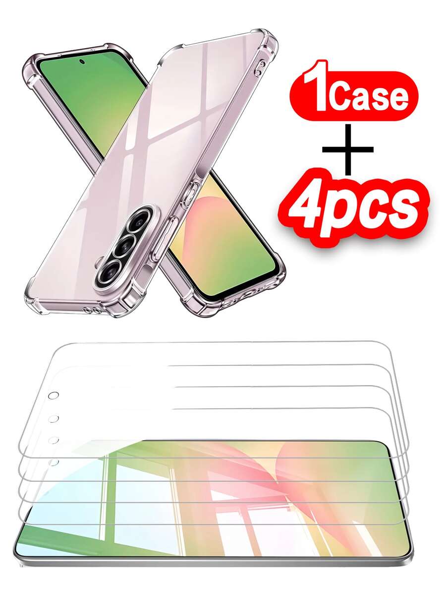 5 Stück Handyhülle Set, inklusive 4 Stück kratzfeste gehärtete Glas Bildschirmschutzfolien und 1 Stück transparente Airbag Sturzsichere Hülle, Bildschirmschutz Essentials für Alltag, Büro, Zuhause, wasserdicht, stoßfest, kratzfest