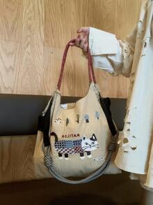 New Women's Tote Bag With Embroidered Animal Pattern, Large Capacity, Lightweight, Foldable Shopping Bag, Suitable For Commuting, Casual, Holidays, Parties, Surprise Gift, Large Capacity Tote Bag, Commuter Bag, Women's Handbag