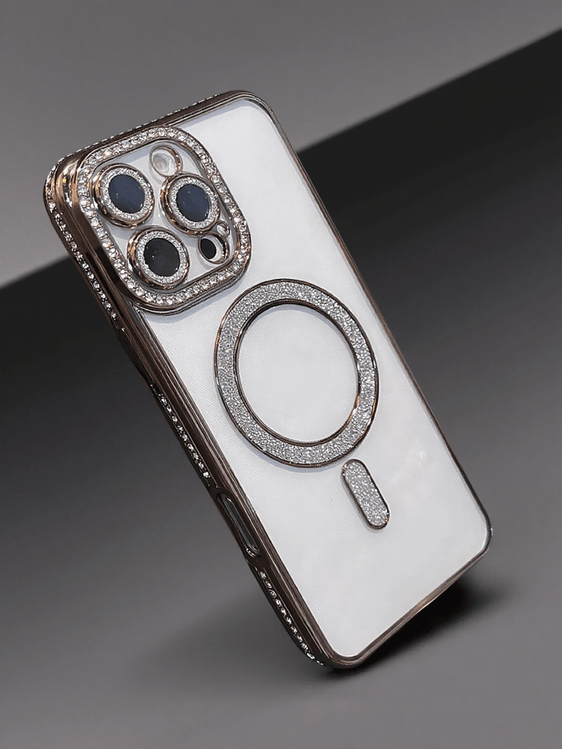CteGlodrix Nueva funda de teléfono transparente de lujo con diamantes brillantes, adecuada para iPhone 16/15/14 Plus/13/12/11 Pro Max, cubierta trasera magnética con carga inalámbrica - Plateado - Añade 8