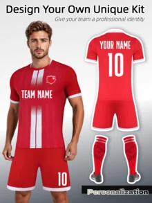 2pcs Red Soccer Jersey Set With White Stripes | Custom Football Uniforms For Professional Clubs| Bespoke Logos, Sponsor Patches & Player Numbers | Durable & Sweat - Wicking | Elevate Team Image In Matches & Championships, Halloween, Thanksgiving, Christmas And New Year Gifts