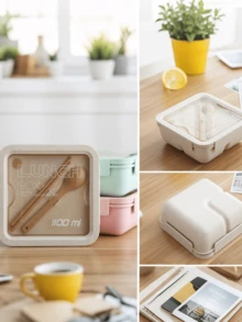 1 件套成人便当盒，带 2 个隔层，日式午餐盒套装（含勺子和筷子），小麦秸秆餐盒，微波炉安全午餐盒产品，开学季 - 彩色 - 查看 8