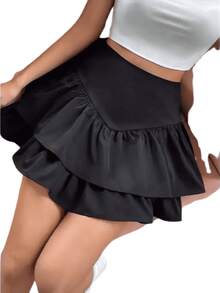 Shorts Women's Short Skirt With Layered Ruffles Round Skirt Fashion Style For Parties, Clubbing And Everyday Life - Hitam - View 3