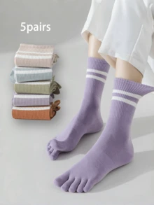 5 Pairs Women's Toe Separator Crew Socks - Solid & Striped Sports Socks, Breathable Stretch For Indoor Workouts & Yoga - 5對 - 查看 4