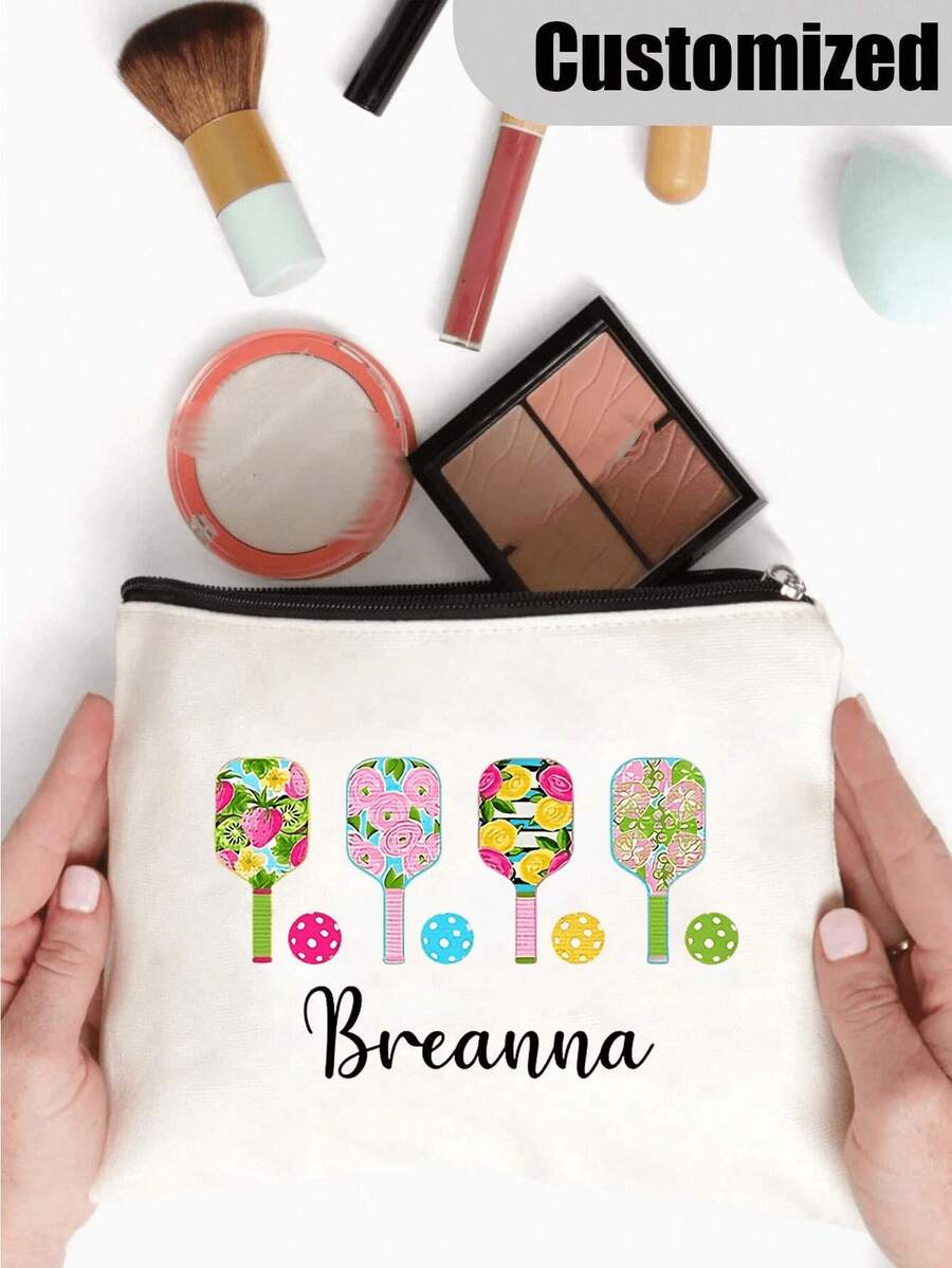 1pc Personalized Polyester Makeup Bag With Pickleball Pattern - Customizable Name, Portable Zippered Storage Pouch, Handheld Cosmetic Organizer Bag, Pickleball Player Gift, Unisex, Zippered Travel Pouch, Lightweight Zippered Makeup Bag Also Suitable For Coin Purse, Pencil Case, Pickleball Player Gift, Unisex, Great For Shopping, Dating, Vacation, Travel, Holidays, Parties Or As A Gift, Ideal Present