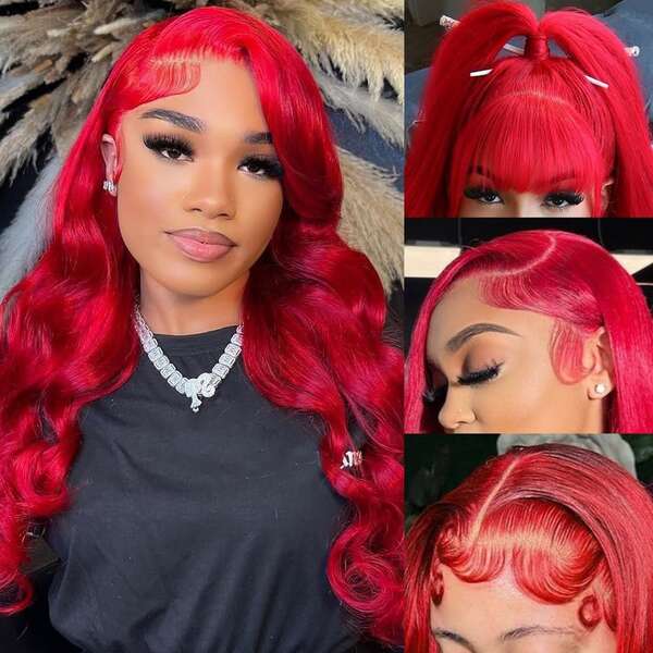 Peruca vermelha de 24 polegadas, cabelo humano, densidade 150%, 13x6, ondulada, renda frontal vermelha, cabelo humano - renda transparente, pré-arrancada