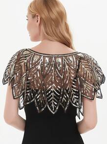 1pc 1920s Elegant Vintage Sequin Shawl, Embroidered Lace Trim Cape Cloak, Beaded Sequin Evening Gown Bolero, Street Style Vest Outfit, Nightclub Shiny Capelet, Breathable Women Open Front Party Formal Dress Accessory - Leaf Type - View 9