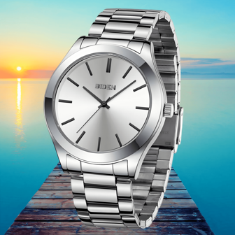 BIDEN 1pc Men's Waterproof Stainless Steel Strap Analog Quartz Watch, Minimalist Business Watch, Gift For Men