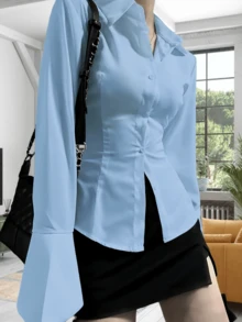 Elegant Women's Solid Color Shirt With Unique Back Tie And Front Button Details - Long Sleeve, Suitable For All Seasons - Blue - View 3