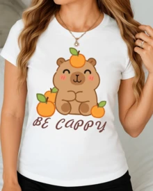 Camiseta casual con estampado, capibara capybara ( BE CAPY ) sé feliz mandarinas tangerines , para mujer ajuste regular manga corta playera cuello redondo, blusas gráficas para mujer - Blanco - Ver 1