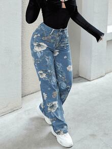 Y2K 90s Street High Waist Floral Print Wide Leg Blend Loose Jeans Comfort Washed Denim Trousers With Pockets For Outdoor Activities - 中等水洗藍 - 查看 5