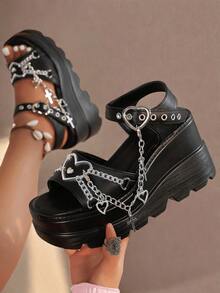 New Black Summer Slope Heel Shoes For Woman Thick Bottom Women's Punk Fashion Sandals For Women Casual Slippers Comfortable Shoes Women's Gothic Style Cross Chain Detail Platform Sandals Summer Shoes - 黑色 - 查看 1