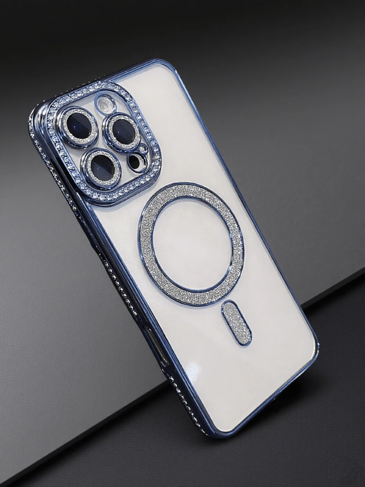 CteGlodrix Nueva funda de teléfono transparente de lujo con diamantes brillantes, adecuada para iPhone 16/15/14 Plus/13/12/11 Pro Max, cubierta trasera magnética con carga inalámbrica - Plateado - Añade 3