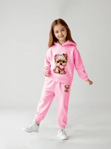 2pcs/Set Toddler Girls Fashionable Cute Sports Outdoor Gentle Sweet Casual Minimalist Cartoon Puppy Heart Lollipop Print Hoodie Sweatshirt And Pants Set, Autumn/Winter