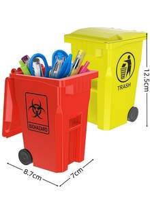 2 piezas Mini papelera soporte para bolígrafos, adecuado para escritorio de oficina y pequeño contenedor de reciclaje, soporte para lápices, rojo y amarillo - Almacenamiento para lápices y bolígrafos | Organiza los suministros de oficina en el escritorio | Ideal para tareas de estudiantes, decoración del hogar, fiesta y almacenamiento navideño