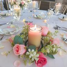 1pc Fake Flower Plant Leaves Candle Artificial Silk Rose Flower Wreath Candle Holder Plastic Small Buoy Farmhouse Wreath For Wedding Arrangement Bridal Bouquet Dining Table Core Garden Yard Birthday Shower Decoration Aesthetic Room Classroom Balcony Christmas Holiday Gift Decoration