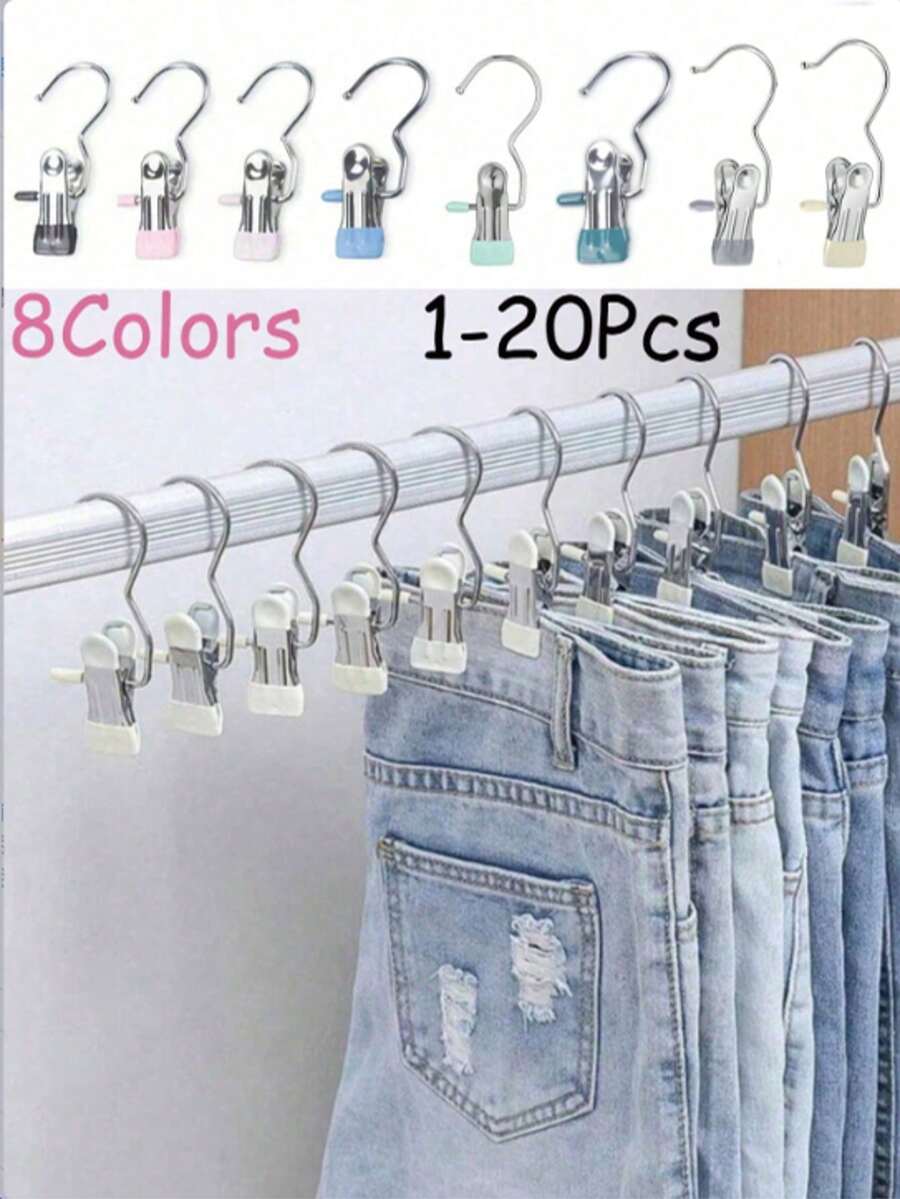 20 Pieces /10 Pieces /1 Pieces Simple Stainless Steel Hook Clip, Multi-Functional Single Hook Clip, Suitable For Pants, Skirts, Dry Windproof Hook Clip, Home Space Saving Organizer, Suitable For Bedroom, Wardrobe, Wardrobe, Home, Dormitory - Random Color - View 1