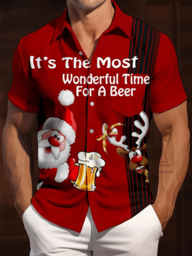 Christmas Santa Claus, Beer, Reindeer Print Men's Button Pocket Short Sleeve Shirt