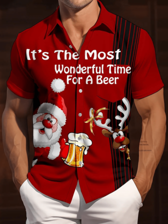 Christmas Santa Claus, Beer, Reindeer Print Men's Button Pocket Short Sleeve Shirt