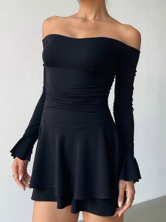 Women's Solid Black Off Shoulder Long Sleeve Dress - Sexy Ruffle Detail Bodycon Party Dress For Vacation Beach Club Night Out