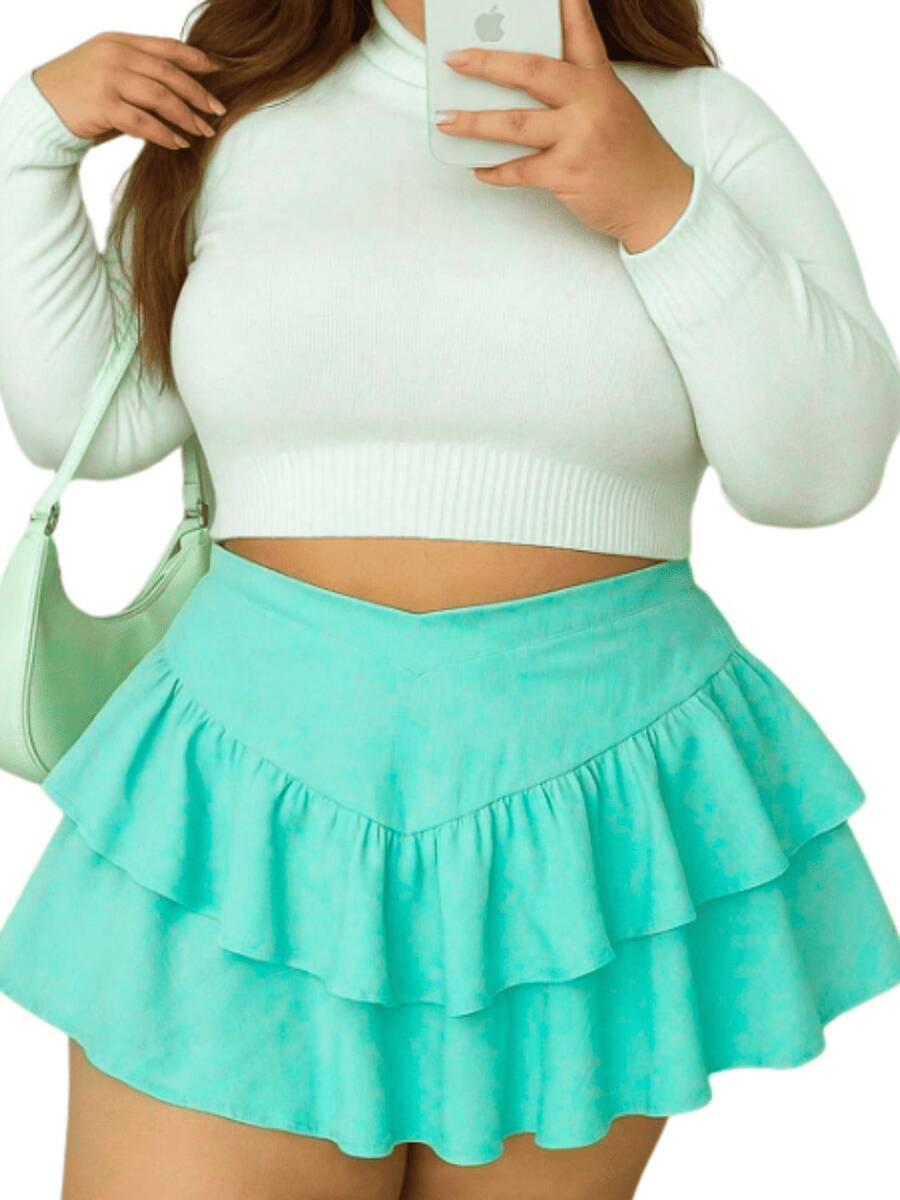 Shorts Women's Short Skirt With Layered Ruffles Round Skirt Fashion Style For Parties, Clubbing And Everyday Life - Mint Green - View 1