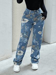 Y2K 90s Street High Waist Floral Print Wide Leg Blend Loose Jeans Comfort Washed Denim Trousers With Pockets For Outdoor Activities - 中等水洗藍 - 查看 4