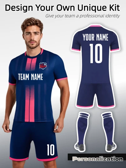 2pcs Custom Football Jersey - Navy Blue With Pink Accents | Personalized Team Uniform For Football Clubs, Leagues And Training | Customizable With Team Logo, Numbers And Names | Moisture-Wicking Fabric | Ideal For Competitive Matches And Team Branding, Also Great For Halloween, Thanksgiving, Christmas And New Year Gifts