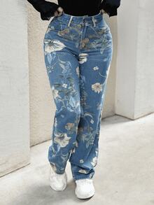 Y2K 90s Street High Waist Floral Print Wide Leg Blend Loose Jeans Comfort Washed Denim Trousers With Pockets For Outdoor Activities - 中等水洗藍 - 查看 6