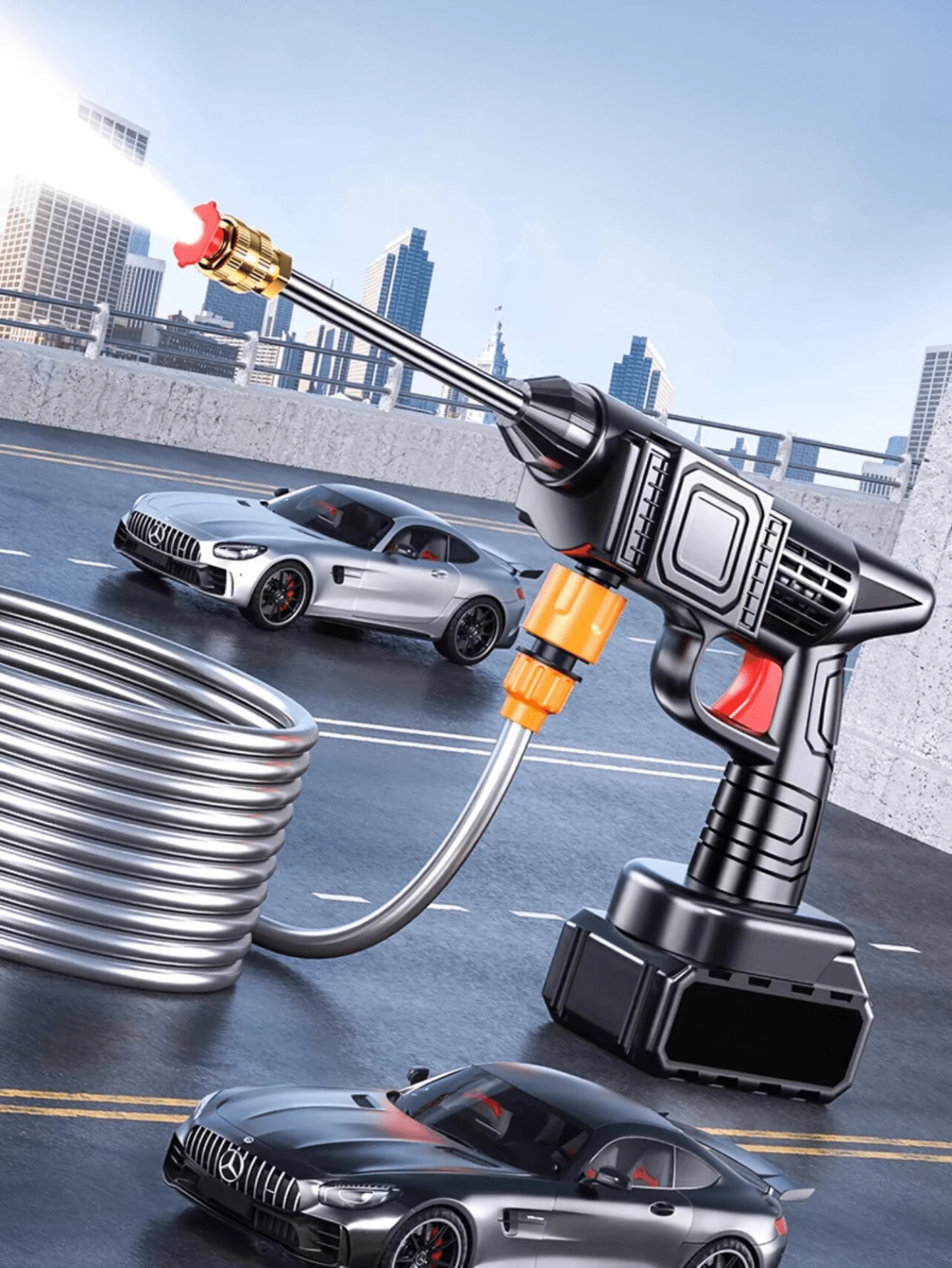 مسدس مياه لاسلكي عالي الضغط، فوهة قابلة للتعديل، بطارية ليثيوم قابلة للشحن، 3 فوهات قابلة للتبديل، 3 أنماط رش، مسدس غسيل سيارات وحدائق كهربائي محمول للاستخدام الخارجي، معدات تنظيف الحدائق، مسدس رش المياه