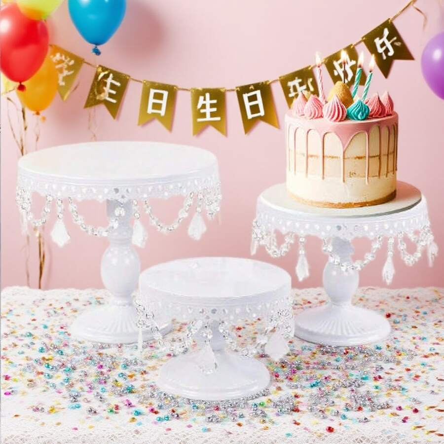 3Pcs Antique Cake Stand Set - Round Metal Cupcake Stands With Pendants And Beads - Elegant Dessert Display, For For Wedding, Birthday Party Decor, Gold/Champagne/Cream White