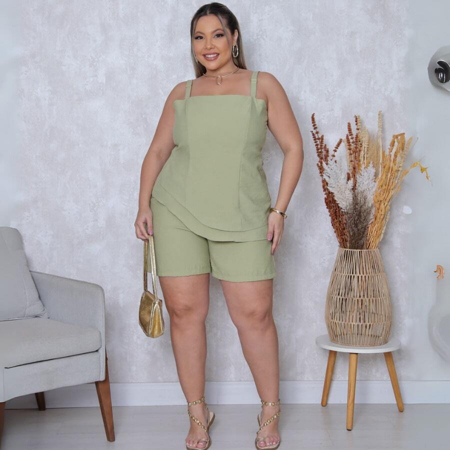 Plus Size Women's Set In Marrante Fabric – Asymmetrical 2-Layer Blouse With Adjustable Straps + Shorts With Zipper And Elastic - 薄荷綠 - 查看 1