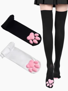 1/2 Pair Cat Paw Thigh High Socks 3D Toe Bean Stockings Cosplay Socks For Women Performance Party Wear - Đen + Trắng - Xem 1