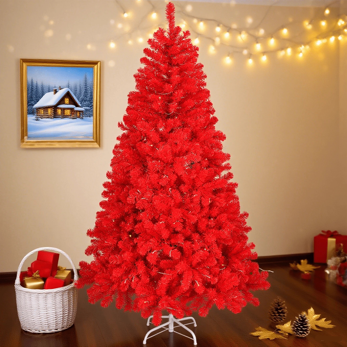 6 FT Artificial Christmas Tree, Christmas Decorations, Unlit Hinged Christmas Pine Tree With 800 Branch Tips And Sturdy Metal Stand, Red - Đỏ - Xem 1