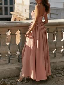 QIANZHIDU Vestido elegante con hombro asimétrico y volantes, vestido de fiesta elegante, vestido de vuelta al colegio, vestido de fiesta para mujer - Rosa Pálido - Ver 2