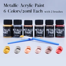 6 Metallic Acrylic Paints + 2 Brushes – Rich Pigments, 20ml Each, For Rock, Leather, Glass, Ceramic, Fabric - Sets - View 13