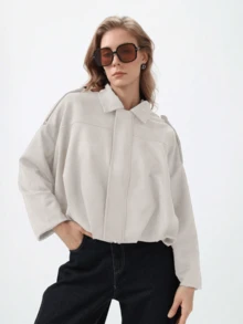 HZXVIC 女士休闲舒适麂皮绒外套，秋季新品 - 米色 - 查看 3