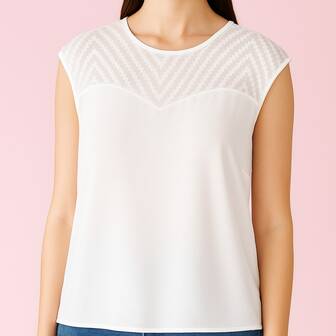 Blusa sin mangas blanca con relieve transparente en cuello para mujer, elegante y casual