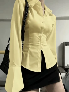 Elegant Women's Solid Color Shirt With Unique Back Tie And Front Button Details - Long Sleeve, Suitable For All Seasons - Yellow - View 3