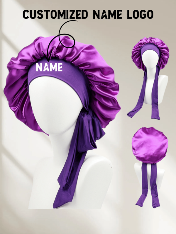 1pc Personalized Logo Stretchy Ribbon Solid Color Women's Long Hair Sleeping Cap, Makeup Turban Wrap, Crimped Hair Care Hat