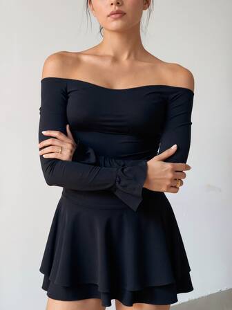 女士纯黑色露肩长袖连衣裙 - 性感荷叶边细节修身派对连衣裙，适合度假海滩俱乐部夜间外出