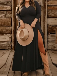 Plus Size Women Elegant V-Neck Sexy High Slit Solid Color Dress For Party, Vacation, Wedding Honeymoon, Cocktail, Casual (Belt Not Included), Spring/Summer
