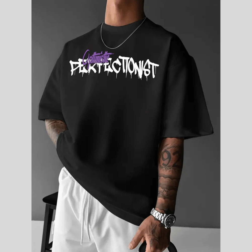 Men's Oversized T-Shirt (Overtec) Printed Optimist Perfectionist 363 100% Cotton Blouse Premium Fabric Comfortable  Streetwear - 黑色 - 查看 1