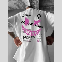 Men's Oversized T-Shirt (Overtec) Printed Never Mind Smile 362 100% Cotton Blouse Premium Fabric Comfortable Modinha Ginga - 白色 - 查看 2