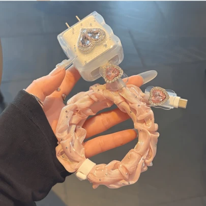 5 件/套 3D 心形宝石设计充电器保护壳，兼容 18W/20W 美国充电器，适合 11/12/13/14/15/16 Pro Max，电缆保护器，防弯曲电缆，TPU 充电头保护器，1.5M 电缆 Nan 充电器外壳手机配件